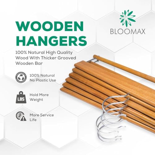 Bloomax German Technique, Trouser Pants Hangers With Non Slip Bar Smooth Finish, Wooden Hangers, 360 Hook- Ideal For Pants, Natu